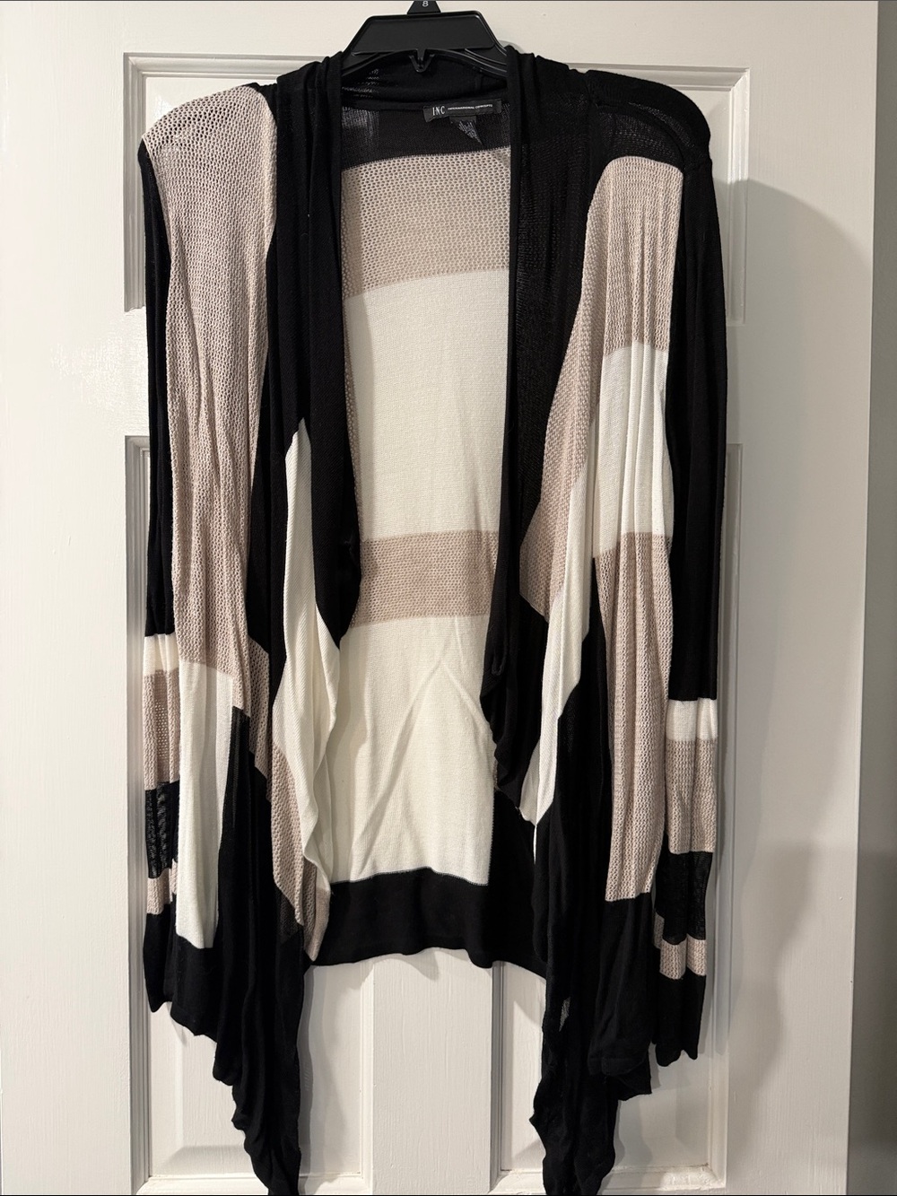 INC International Concepts Black, Cream & Tan Striped Open-Front Cardigan